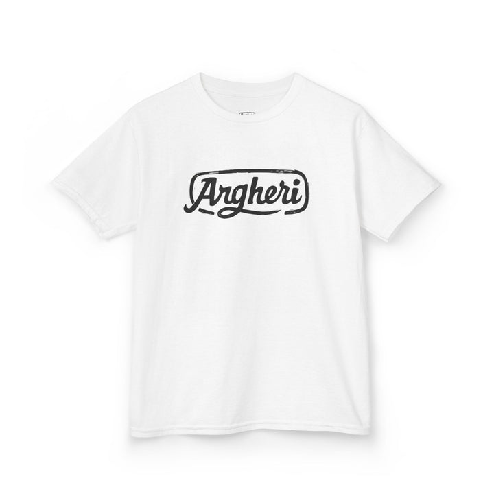Argheri Kids Tee - 'Argheri' Retro Script Logo Cotton Shirt in use