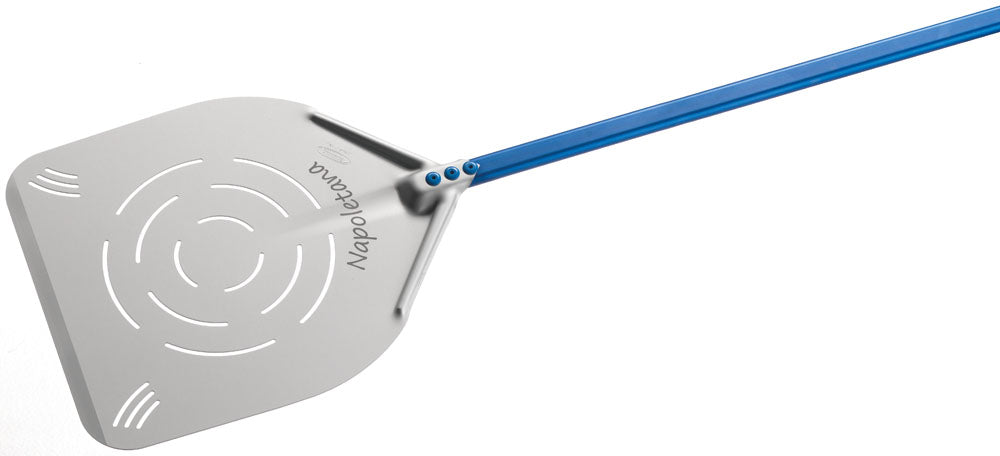Argheri Gi.Metal Napoletana 36cm / 14in Rectangular Perforated Pizza Peel, 150cm handle front view