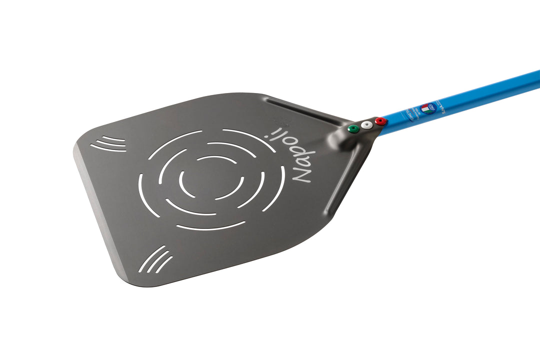 Argheri Gi.Metal Napoli 33cm / 13in Rectangular Perforated Pizza Peel, 150cm handle front view
