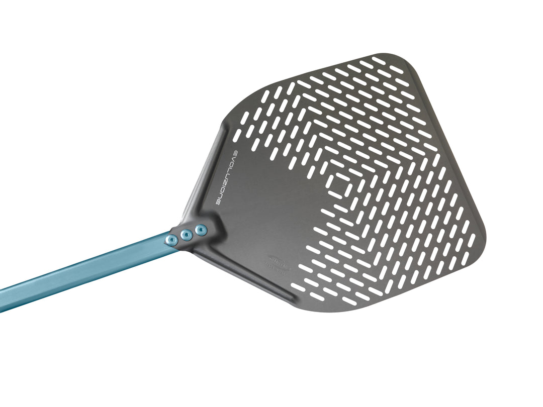 Argheri Gi.Metal Evoluzione 36cm / 14in Rectangular Perforated Pizza Peel, 60cm handle front view