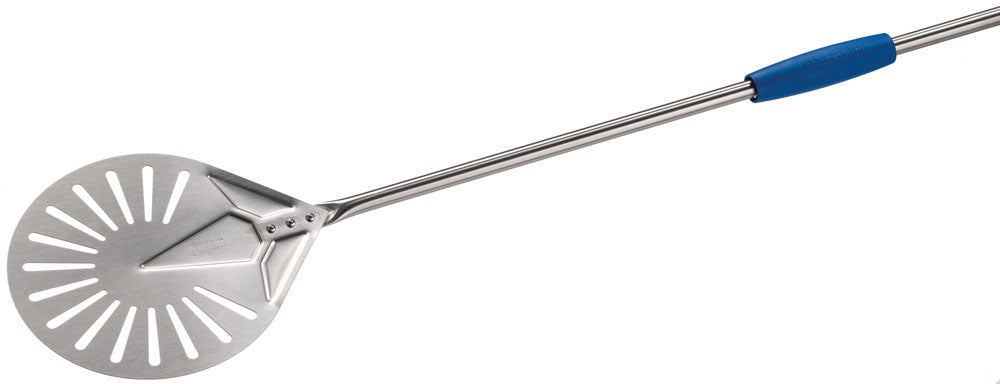 Argheri Gi.Metal Azzurra 20cm / 8in Small Round Perforated Pizza Peel, 150cm handle front view