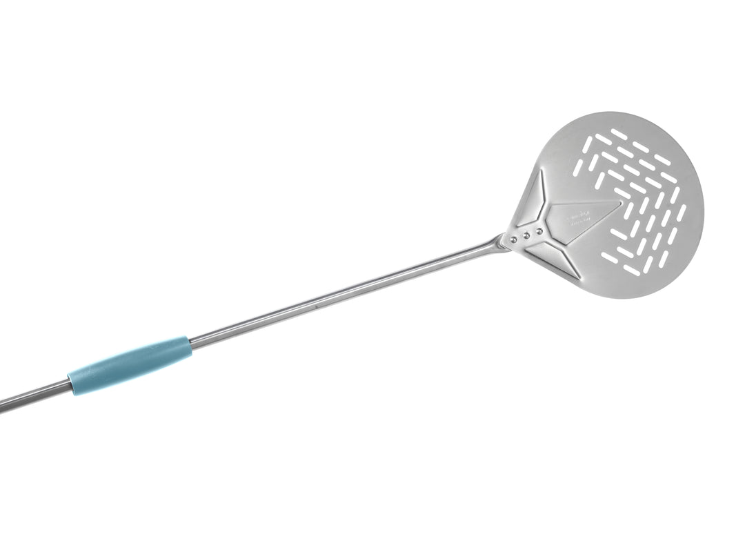 Argheri Gi.Metal Evoluzione 20cm / 8in Small Round Perforated Pizza Peel, 120cm handle front view