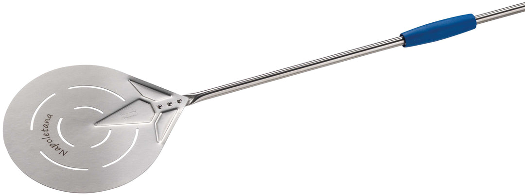 Argheri Gi.Metal Napoletana 23cm / 9in Small Round Perforated Pizza Peel, 150cm handle front view