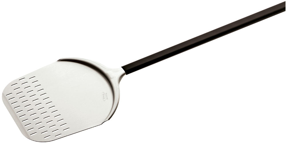Argheri Gi.Metal Alice 33cm / 13in Rectangular Perforated Pizza Peel, 150cm handle front view